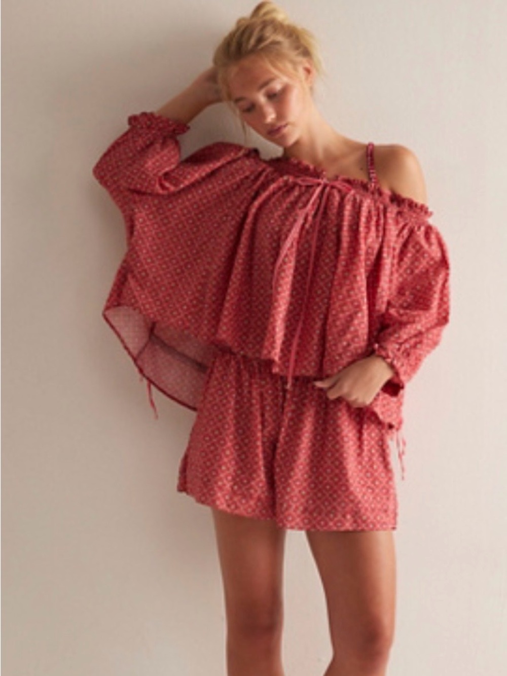 Free People Rust Red Off-Shoulder Top Set with Shorts